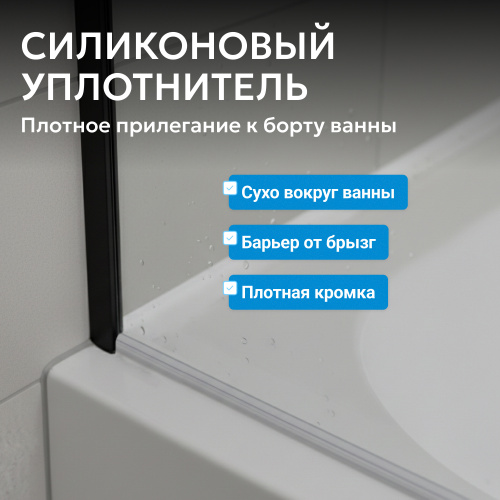Шторка на ванну  стекло прозрачное с рисунком профиль черный фото 2