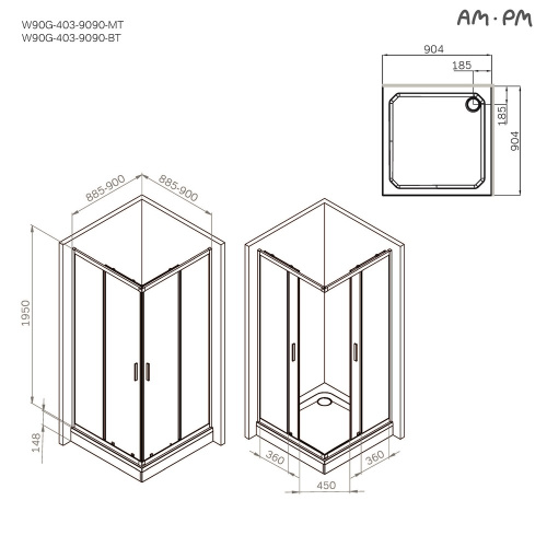 Душевое ограждение 90x90 см, без поддона AM.PM Gem W90G-403-9090MT фото 10