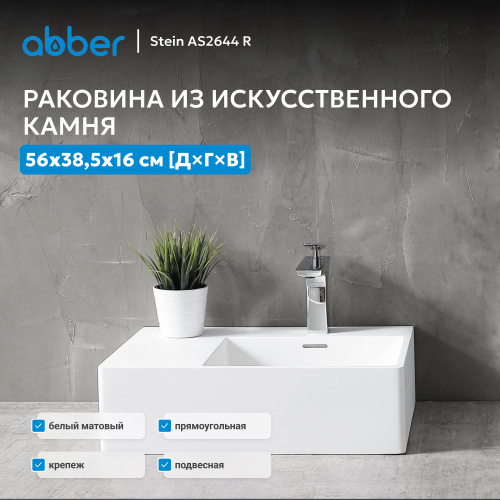 Раковина подвесная 56х38,5см прямоугольная  белая матовая  ABBER Stein AS2644 R фото 4