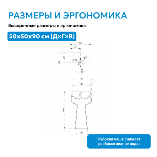 Раковина отдельностоящая 50х50см круглая  белая матовая  ABBER Stein AS2508 фото 6