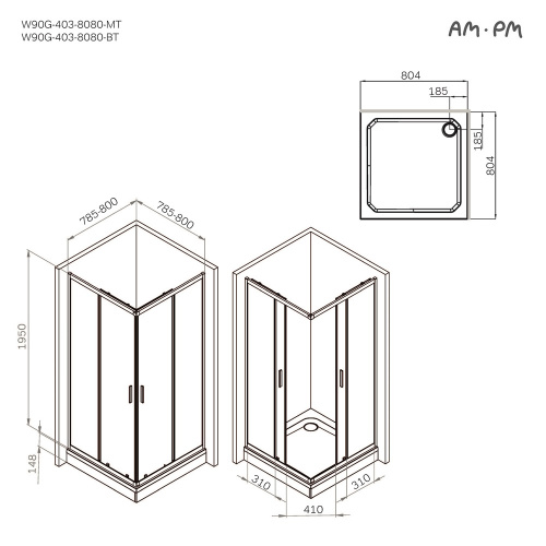 Душевое ограждение 80x80 см, без поддона AM.PM Gem W90G-403-8080-BT фото 9