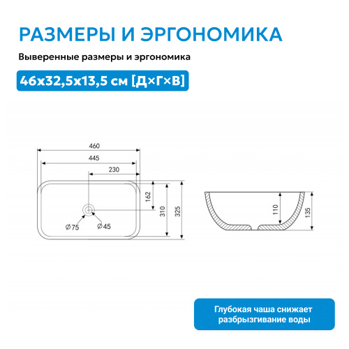 Раковина накладная 46х32,5см прямоугольная  белая матовая  ABBER Rechteck AC2200MW фото 8